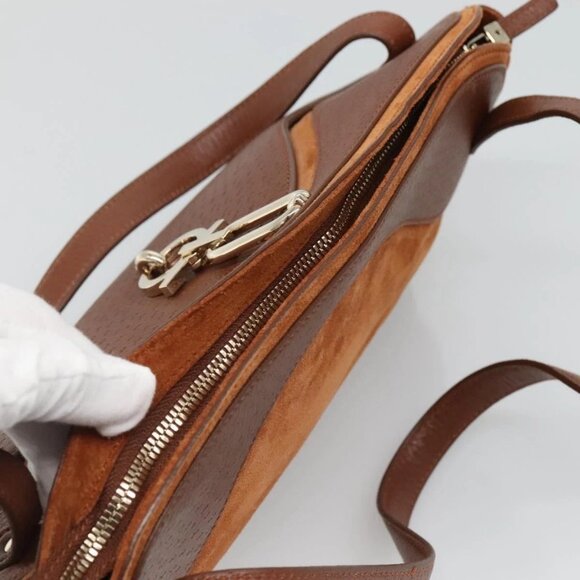 Salvatore Ferragamo Gancini Shoulder Bag Suede Brown Gold Auth - Picture 7 of 16